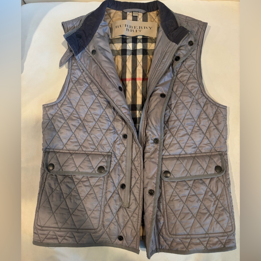 Burberry Brit Quilted Gray Vest with Check Lining